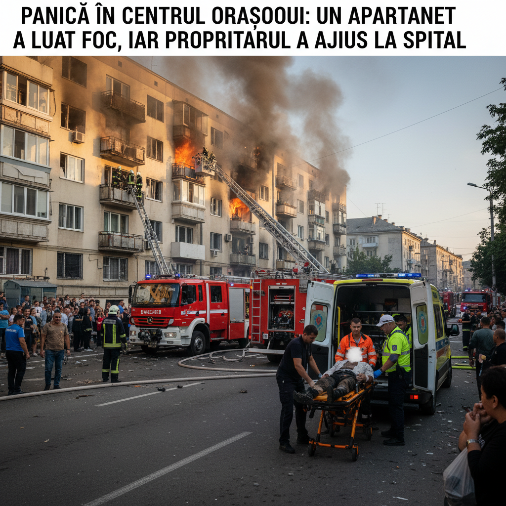 apartament în flăcări, proprietarul transportat de urgență la spital