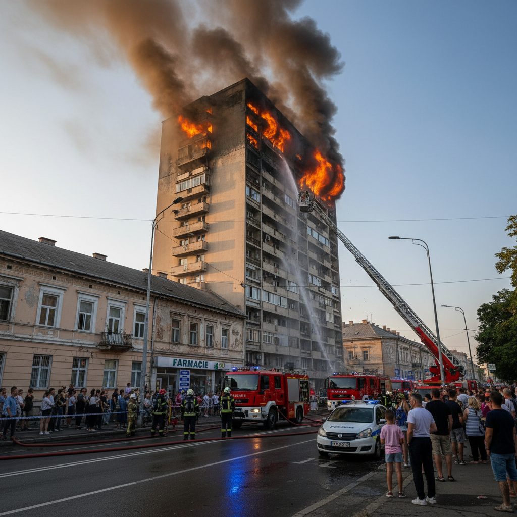 Incendiu în Blocul Turn de pe strada Nicolae Bălcescu din Giurgiu, astăzi